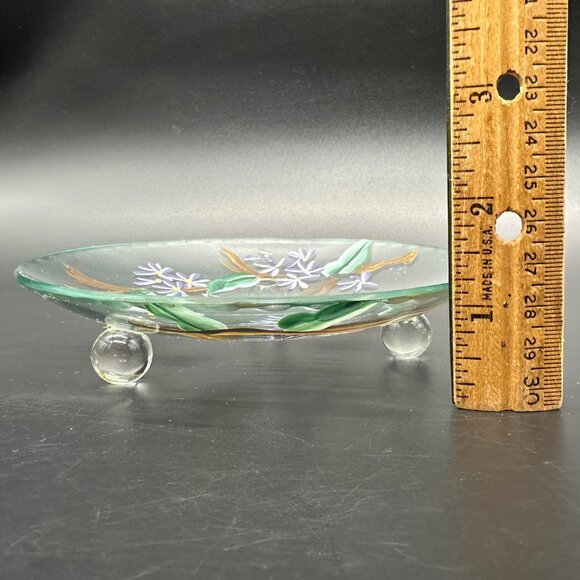 Hand Painted Glass Plate Bees Purple Flowers Decorative Floral Botanical Footed - Picture 9 of 9
